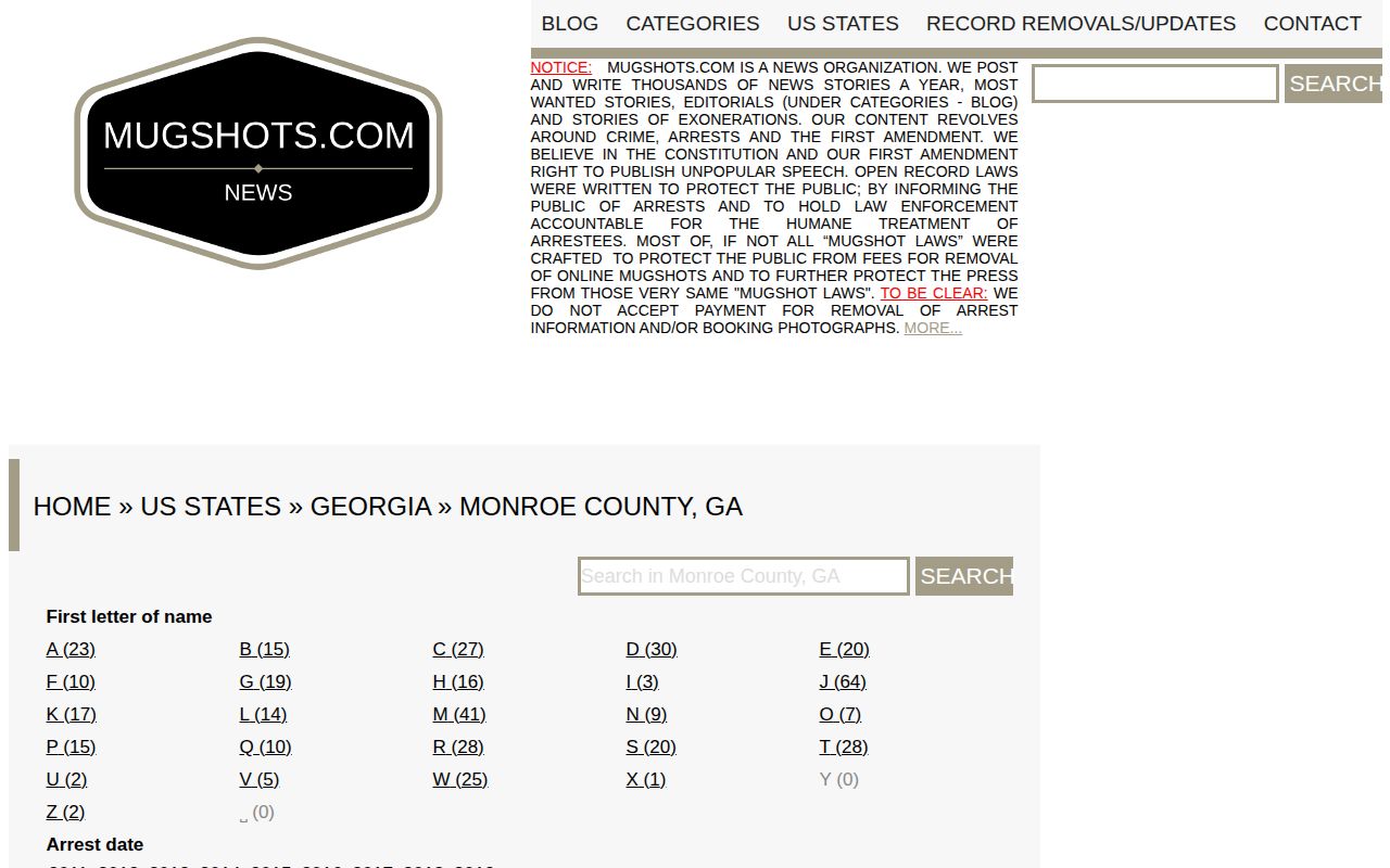 Mugshots.com Monroe County historical archive page