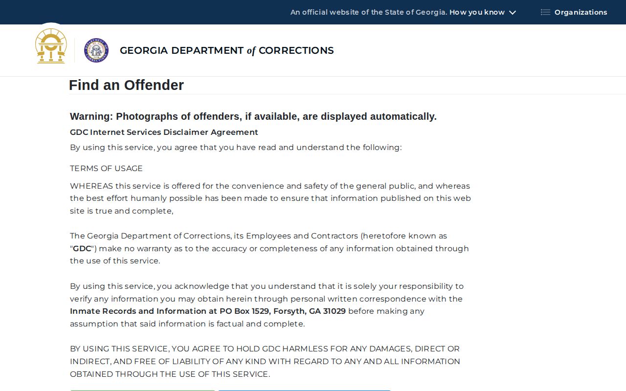 Monroe County state-custody path through the Georgia Department of Corrections offender search