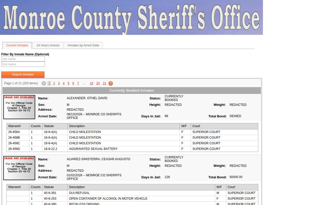 Monroe County current inmate roster search interface
