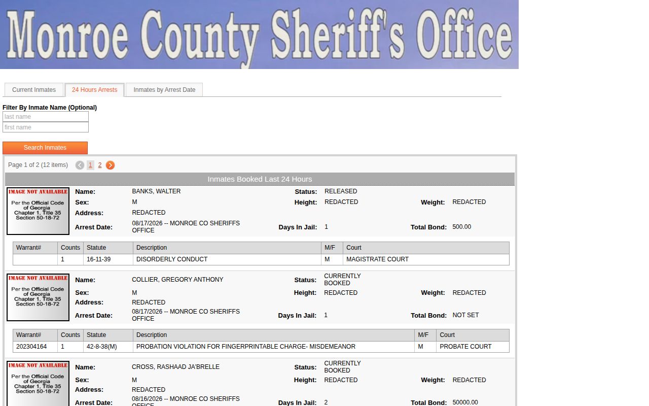 Monroe County bookings from the last 24 hours interface