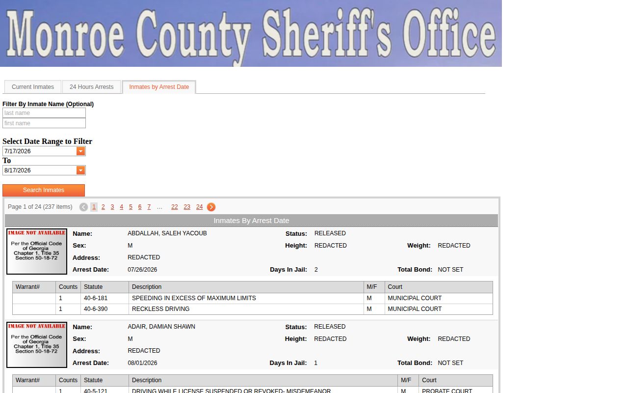Monroe County arrest-date range search interface